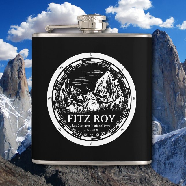Mount Fitz Roy - Cerro Chaltén South America Flask (Mount Fitz Roy Flask in Back with a white compass and mountain illustration)