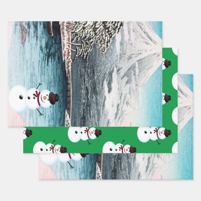 Mount Fuji and A Snowman  Wrapping Paper Sheets (Set)