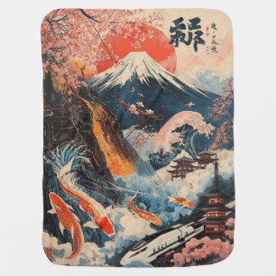Mount Fuji Cherry Blossom Koi Fish Japanese Art Baby Blanket