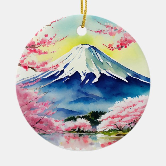 Mount Fuji Japan Watercolor Ceramic Ornament (Front)