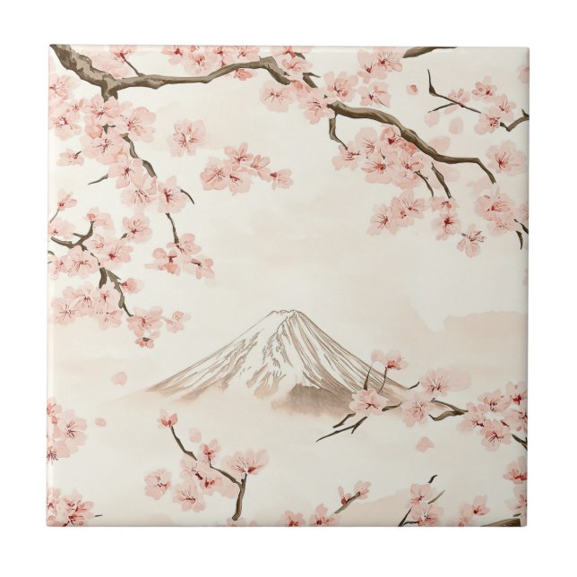 Mount Fuji with Cherry Blossoms – Japanese (3) Ceramic Tile (Front)
