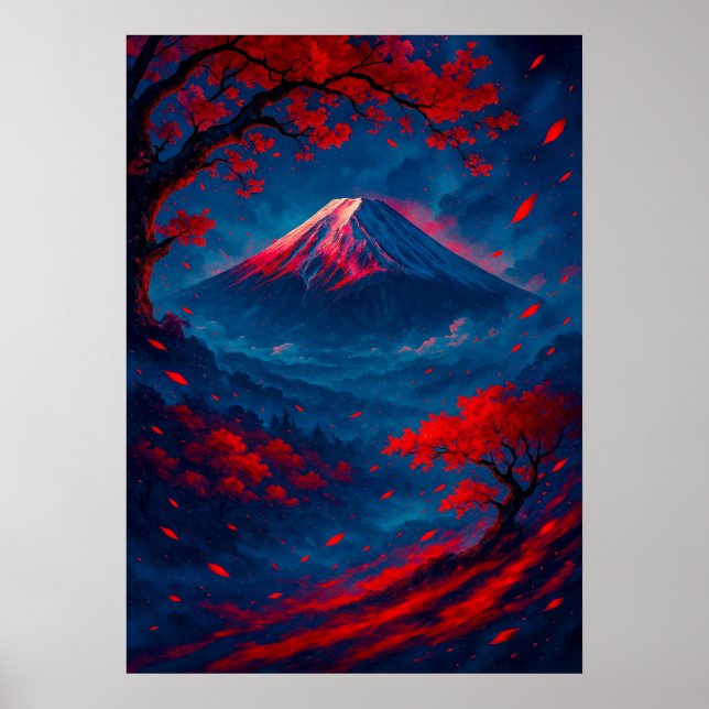 Mount Fuji with Red Blossoms Fantasy Japanese Poster (Front)