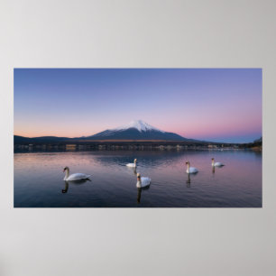Mount Fuji Yamanaka Lake with Swans Poster