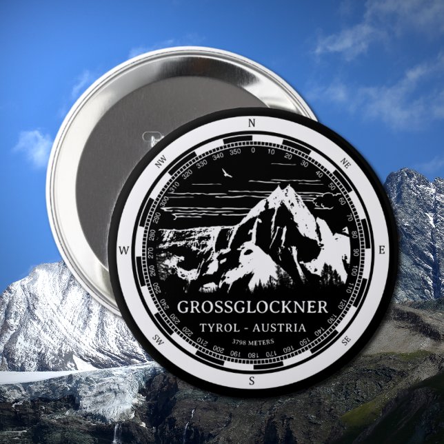 Mount Grossglockner - Tirol Austria Alps Button (Mount Grossglockner Button in Back with a white compass and mountain illustration)