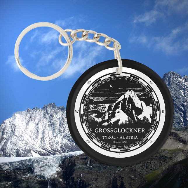 Mount Grossglockner - Tirol Austria Alps Keychain (Mount Grossglockner Keychain in Back with a white compass and mountain illustration)