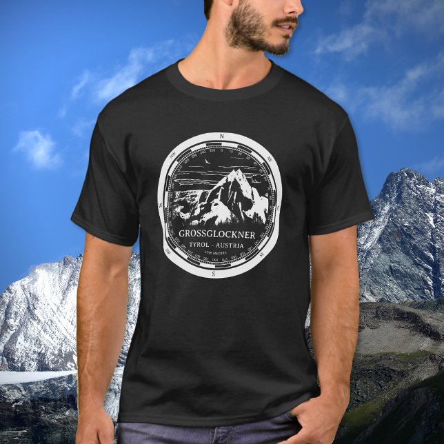 Mount Grossglockner - Tirol Austria Alps T-Shirt (Mount Grossglockner T-Shirt in Back with a white compass and mountain illustration)
