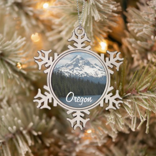 Mount Hood Oregon Landscape Snowflake Pewter Christmas Ornament