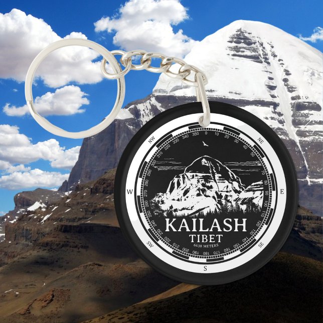 Mount Kailash - Gang Rinpoche Tibet Keychain (Mount Kailash - Gang Rinpoche Keychain in Back with a white compass and mountain illustration)