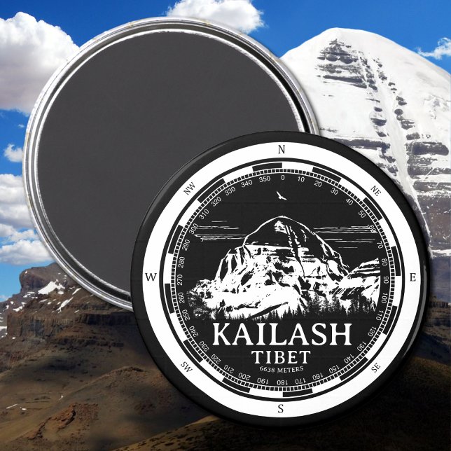 Mount Kailash - Gang Rinpoche Tibet Magnet (Mount Kailash - Gang Rinpoche Magnet in Back with a white compass and mountain illustration)
