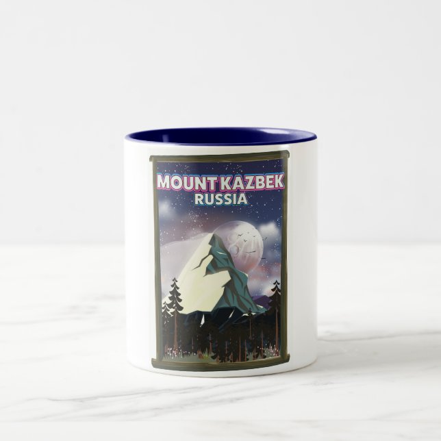 Mount Kazbek Russian travel poster. Two-Tone Coffee Mug (Center)