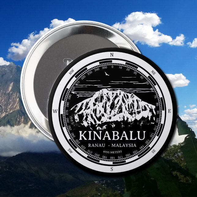 Mount Kinabalu - Ranau Malaysia Sabah Illustration Button (Mount Kinabalu Malaysia Button in Back with a white compass and mountain illustration)