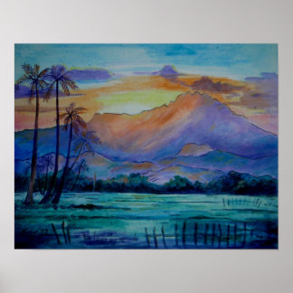 Mount Kinabalu Sunrise Watercolor Art Poster