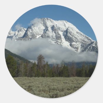 Mount Moran And Clouds At Grand Teton Classic Round Sticker by mlewallpapers at Zazzle
