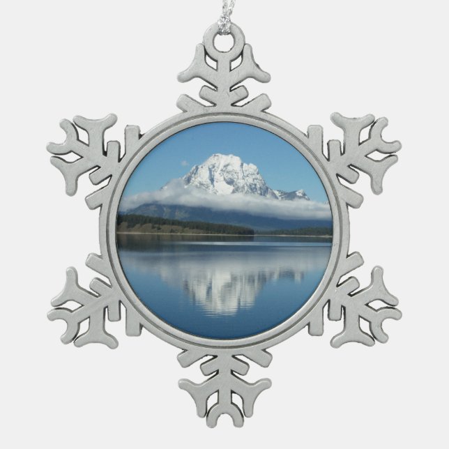 Mount Moran Reflection at Grand Teton Snowflake Pewter Christmas Ornament (Front)