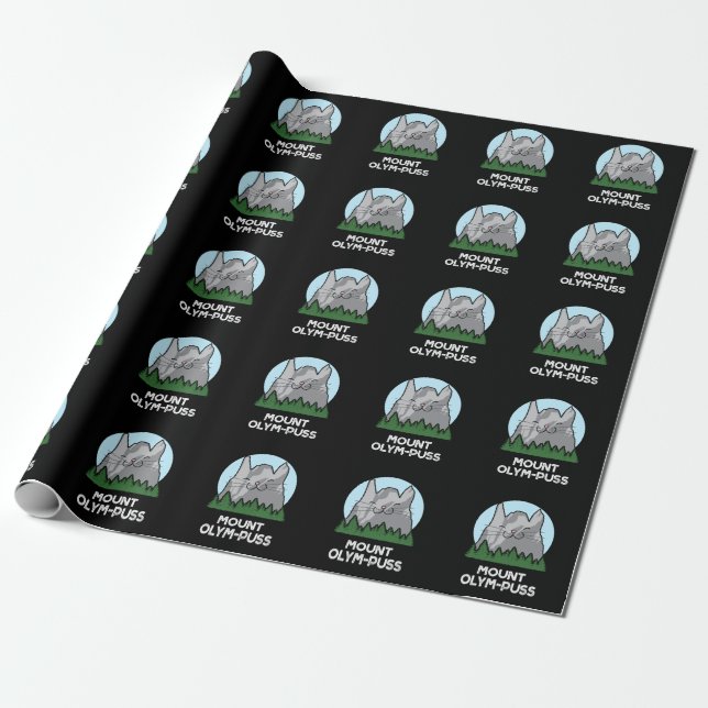 Mount Olym-puss Funny Mountain Pun Dark BG Wrapping Paper (Unrolled)