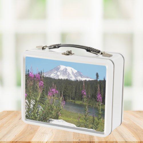 Mount Rainier and Wildflowers Scenic Landscape Metal Lunch Box