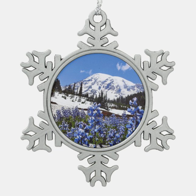 Mount Rainier at Paradise Point Snowflake Pewter Christmas Ornament (Front)