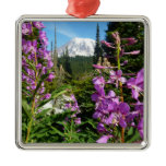 Mount Rainier Between Purple Phlox Flowers Metal Ornament