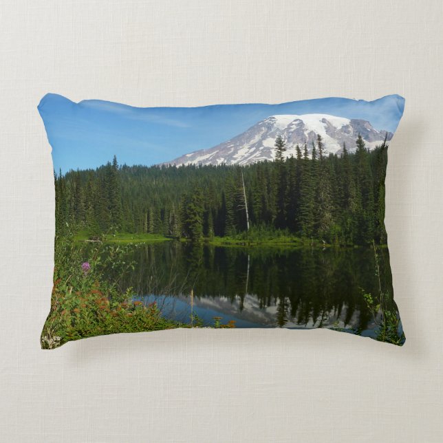 Mount Rainier Lake Reflection with Wildflowers Accent Pillow (Front)