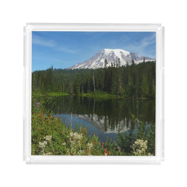 Mount Rainier Lake Reflection with Wildflowers Acrylic Tray (Front)