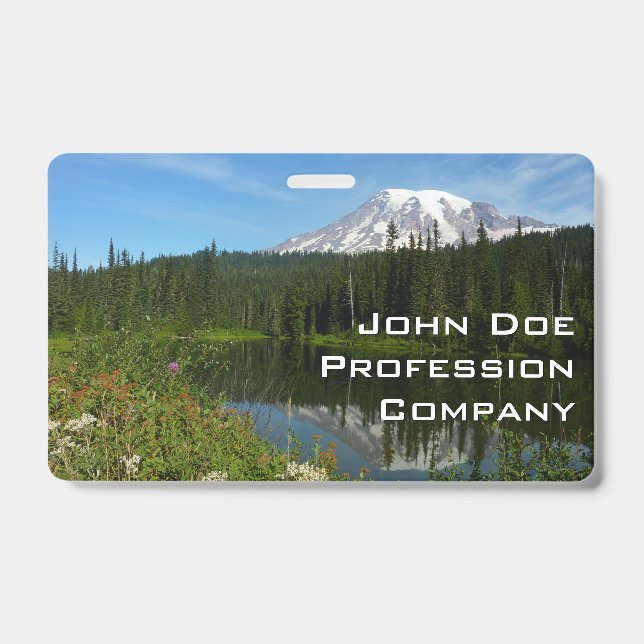 Mount Rainier Lake Reflection with Wildflowers Badge (Front)
