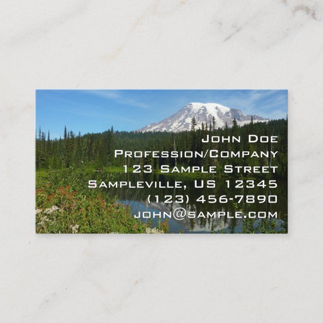 Mount Rainier Lake Reflection with Wildflowers Business Card (Front)