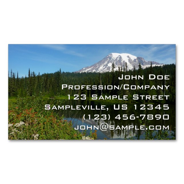 Mount Rainier Lake Reflection with Wildflowers Business Card Magnet (Front)