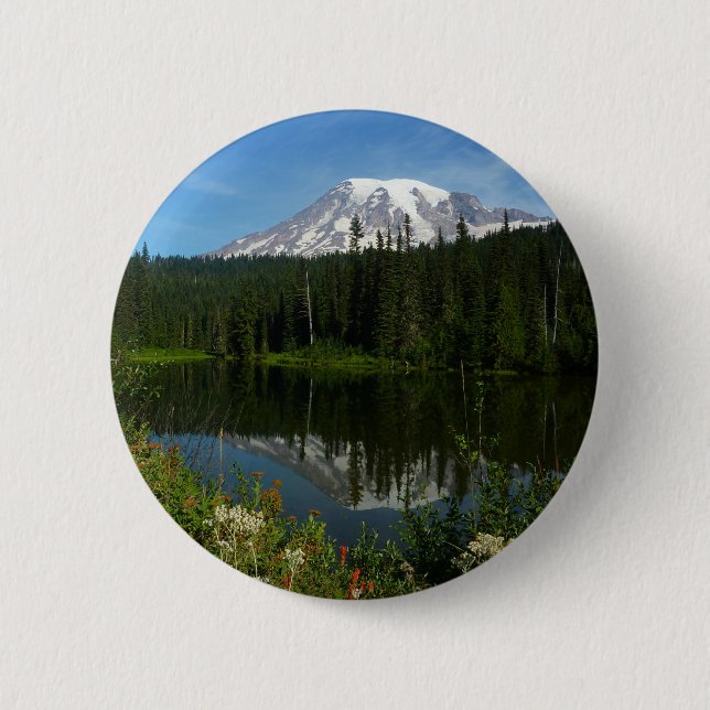 Mount Rainier Lake Reflection with Wildflowers Button (Front)