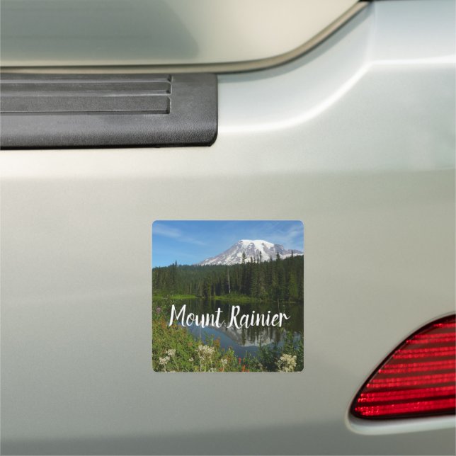 Mount Rainier Lake Reflection with Wildflowers Car Magnet (In Situ)
