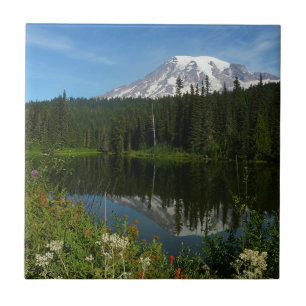 Mount Rainier Lake Reflection with Wildflowers Ceramic Tile