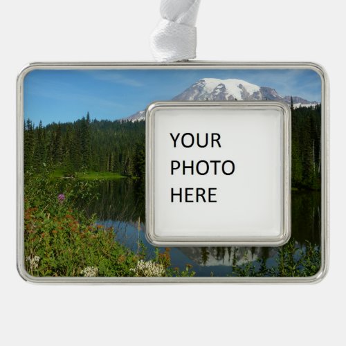 Mount Rainier Lake Reflection with Wildflowers Christmas Ornament