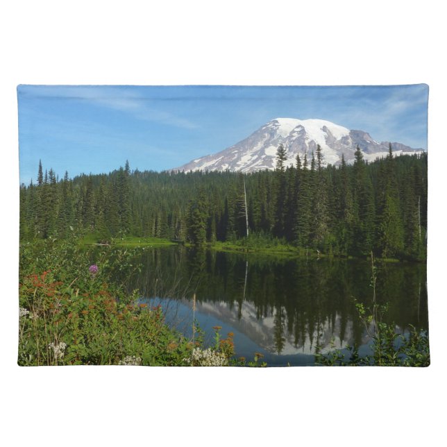 Mount Rainier Lake Reflection with Wildflowers Cloth Placemat (Front)