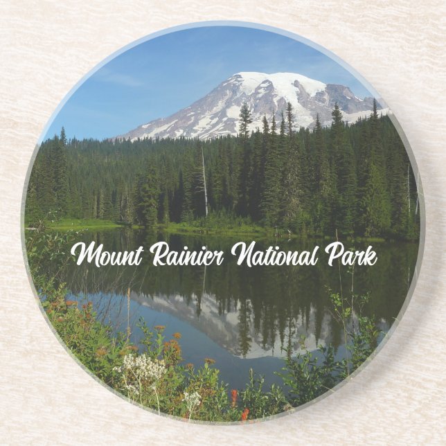 Mount Rainier Lake Reflection with Wildflowers Coaster (Front)