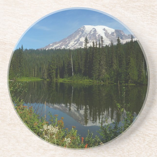 Mount Rainier Lake Reflection with Wildflowers Coaster (Front)