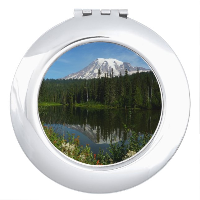 Mount Rainier Lake Reflection with Wildflowers Compact Mirror (Front)