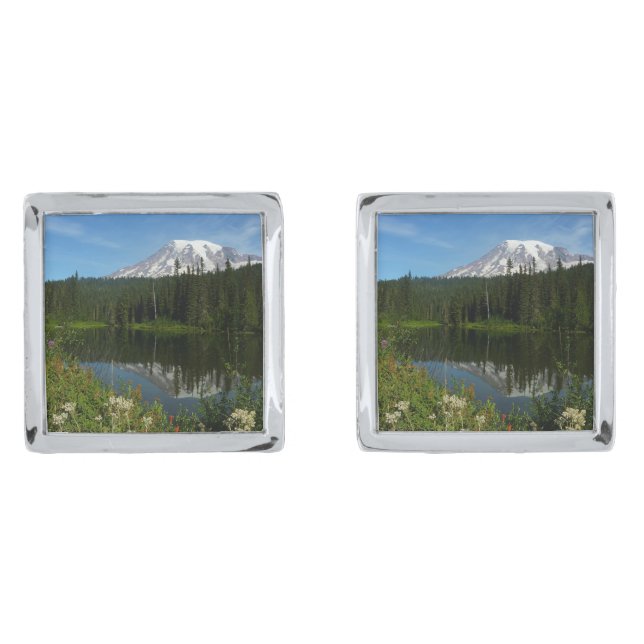 Mount Rainier Lake Reflection with Wildflowers Cufflinks (Front)
