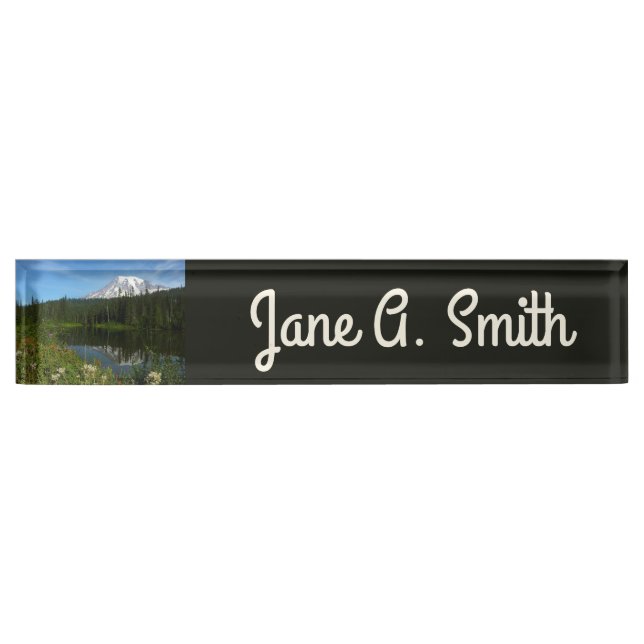 Mount Rainier Lake Reflection with Wildflowers Desk Name Plate (Front)