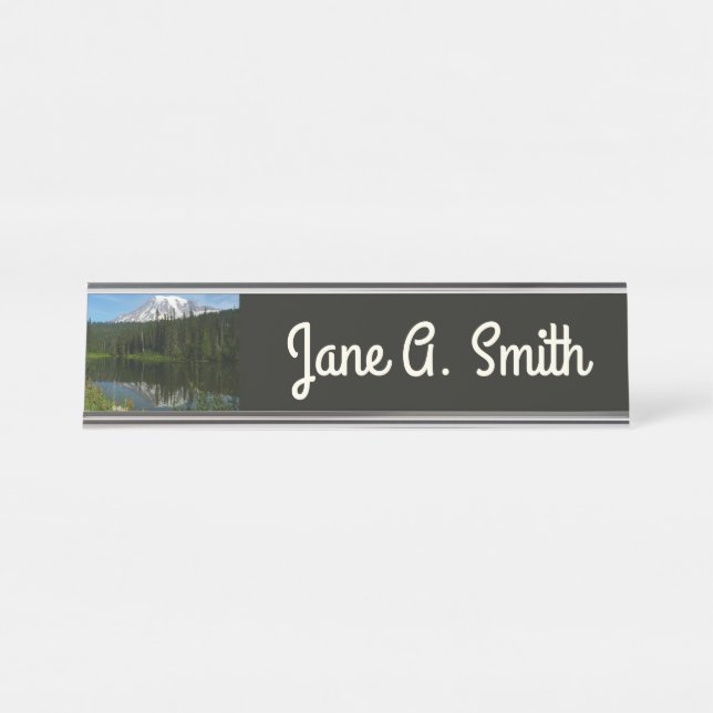 Mount Rainier Lake Reflection with Wildflowers Desk Name Plate (Front)