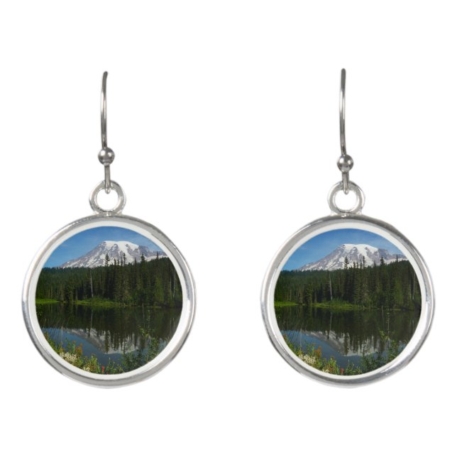 Mount Rainier Lake Reflection with Wildflowers Earrings (Front)