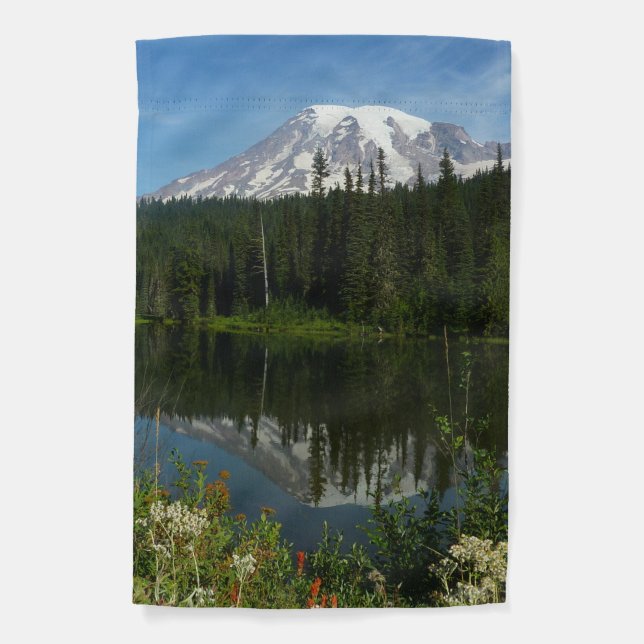 Mount Rainier Lake Reflection with Wildflowers Garden Flag (Front)