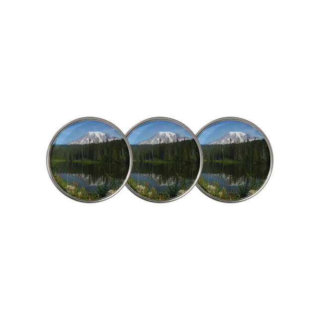 Mount Rainier Lake Reflection with Wildflowers Golf Ball Marker (3 Up)