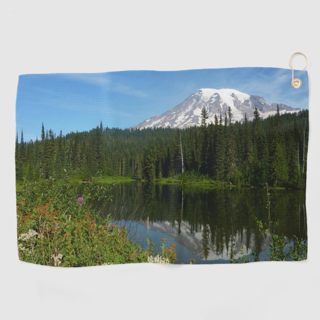 Mount Rainier Lake Reflection with Wildflowers Golf Towel (Horizontal)