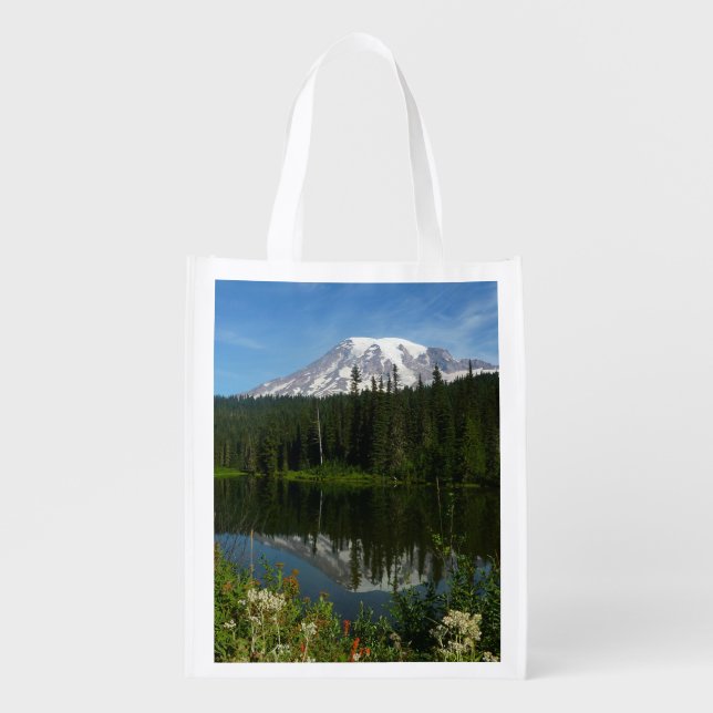 Mount Rainier Lake Reflection with Wildflowers Grocery Bag (Front)