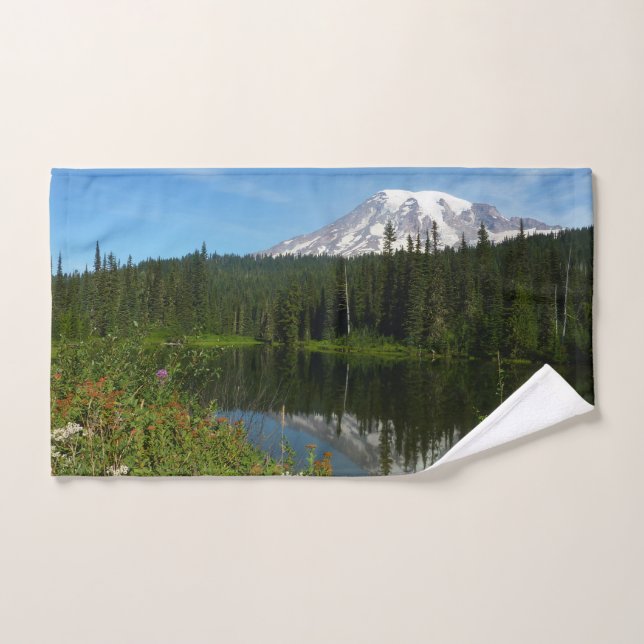 Mount Rainier Lake Reflection with Wildflowers Hand Towel (Hand Towel)