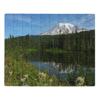 Mount Rainier Lake Reflection with Wildflowers Jigsaw Puzzle
