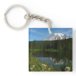 Mount Rainier Lake Reflection with Wildflowers Keychain