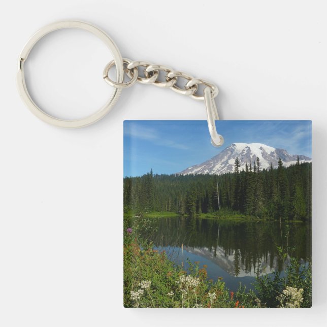 Mount Rainier Lake Reflection with Wildflowers Keychain (Front)