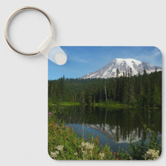 Mount Rainier Lake Reflection with Wildflowers Keychain