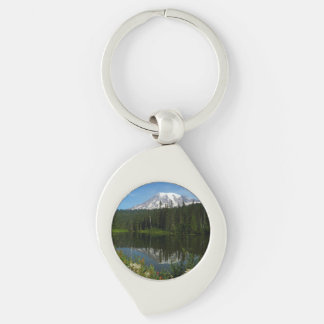 Mount Rainier Lake Reflection with Wildflowers Keychain