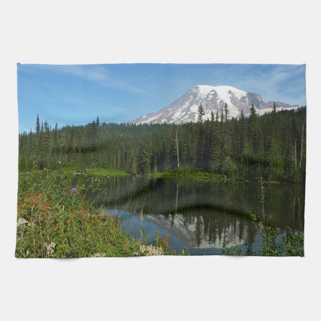 Mount Rainier Lake Reflection with Wildflowers Kitchen Towel (Horizontal)